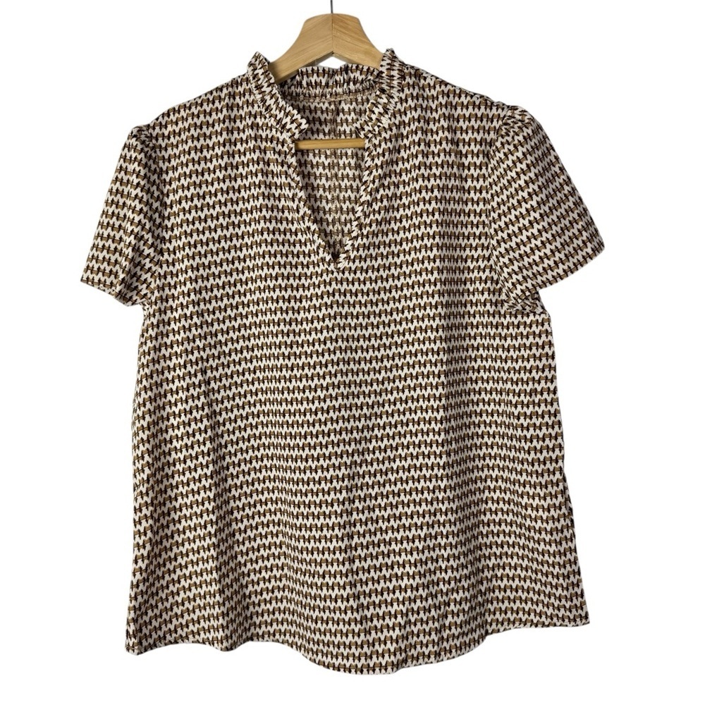 Boutique Blusa White & Tan Printed Short Sleeve Blouse M